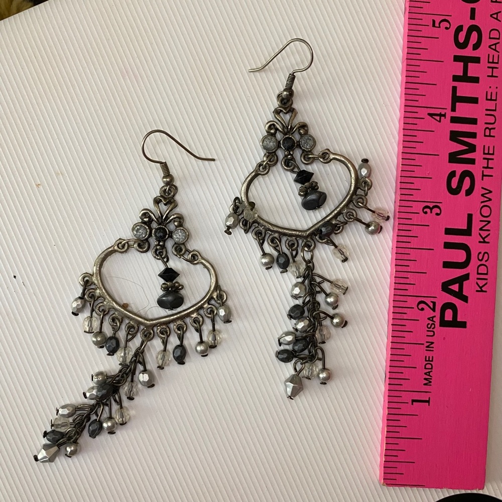 Silver & Black Statement Earrings Chandelier Shape